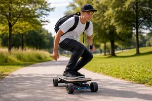 Teenager der kører på elektrisk skateboard udendørs som alternativ til skærmtid
